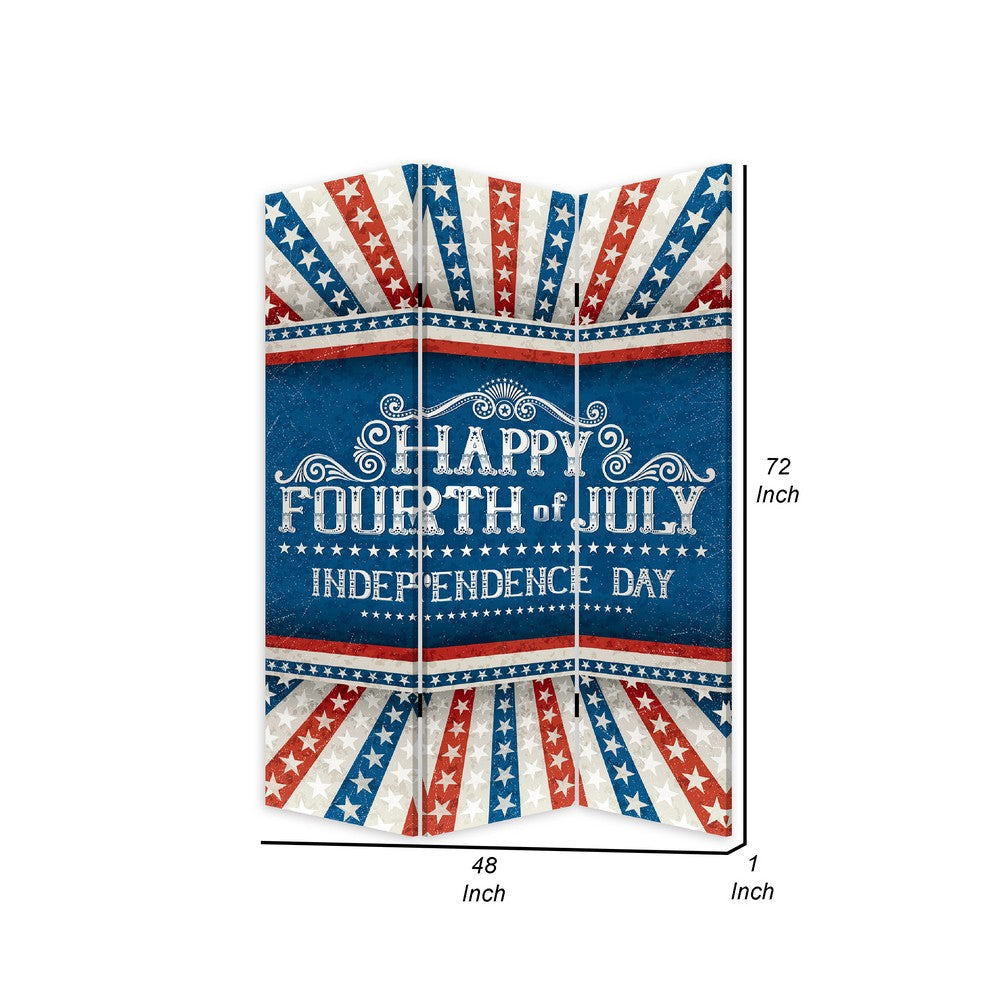 72 Inch 3 Panel Canvas Room Divider Independence Day Flag Blue Red BM276726