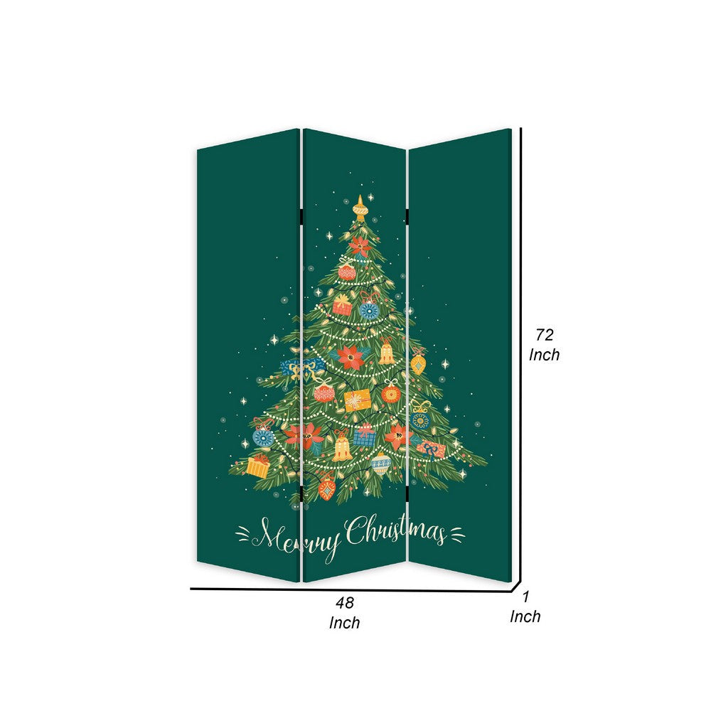 72 Inch 3 Panel Canvas Screen Room Divider Painted Christmas Tree Green BM276728