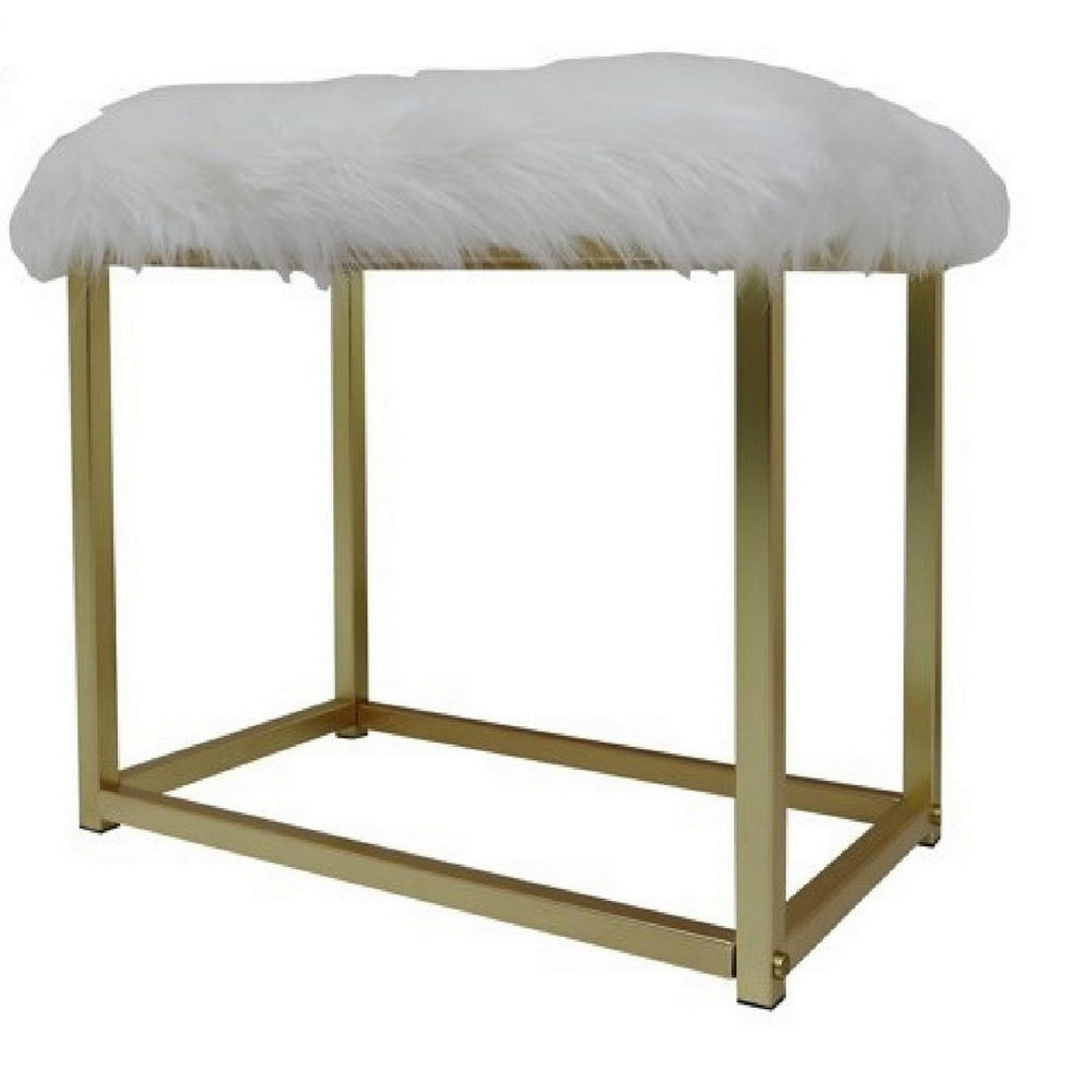 Rose Round Vanity Mirror with Stool Faux Fur Seat Brass White