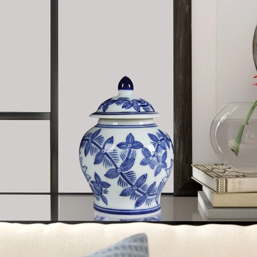 Porcelain Jar | 6" | Urn Shape | Floral Lid | Blue, White
