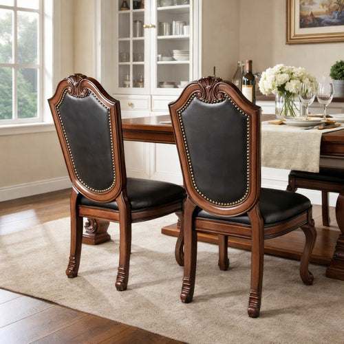 Loki 28 Inch Dining Chair, Nailhead Trim, Faux Leather, Set of 2, Brown