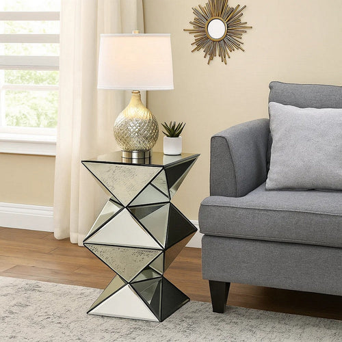 End Table | 20" | Mirror Top | Geometric Pedestal Base | Silver