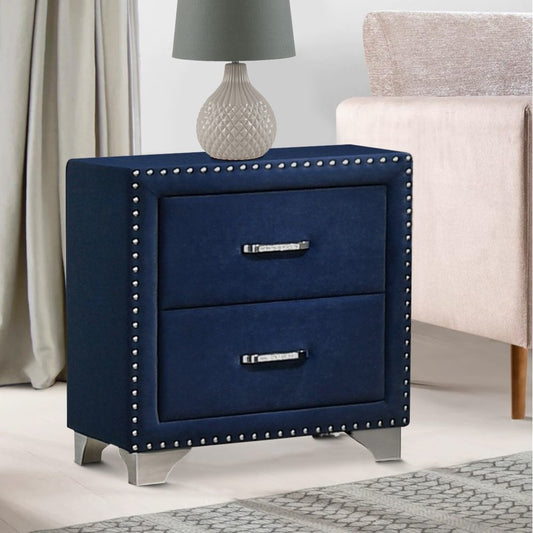Cale 26 Inch Modern Wood Nightstand, Velvet Upholstered, Nailhead, Blue By Casagear Home