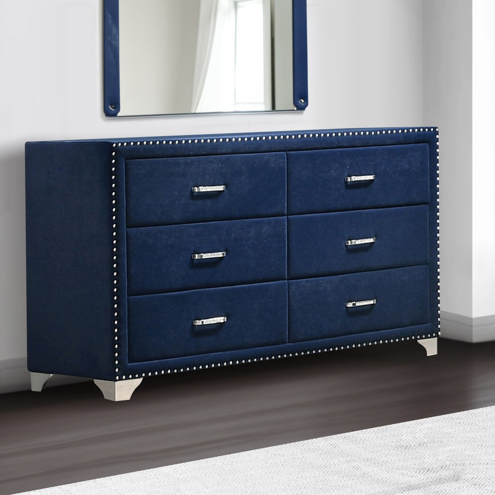Benjara Cale 60 Inch Modern Glam Wood Dresser, 6 Drawer, Velvet, Nailhead, Blue Benjara Cale 60 Inch Modern Glam Wood Dresser, 6 Drawer, Velvet, Nailhead, Blue