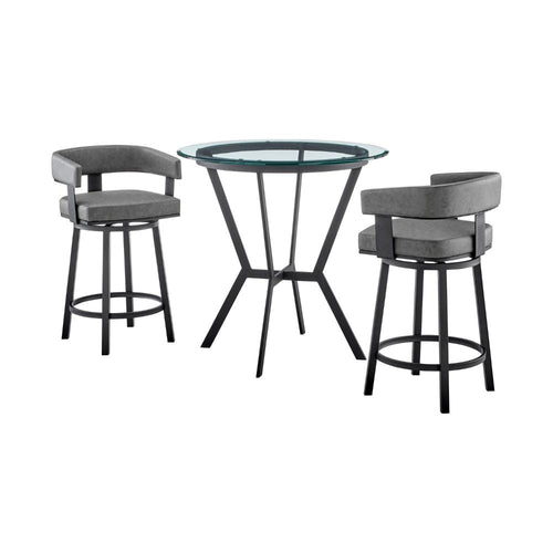 Aliya Dining Set | 3 Piece | Round Counter Bar | Black, Gray Leather