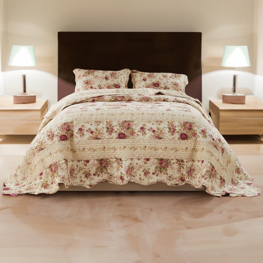 Rosle 3 Piece Queen Bedspread Set, Floral Print, Scalloped, Cream, Pink By Casagear Home