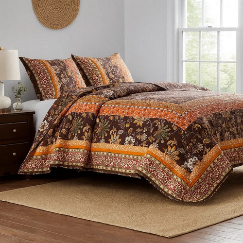 Dill Quilt Set | 3 Piece King | Bohemian Floral | Brown, Orange