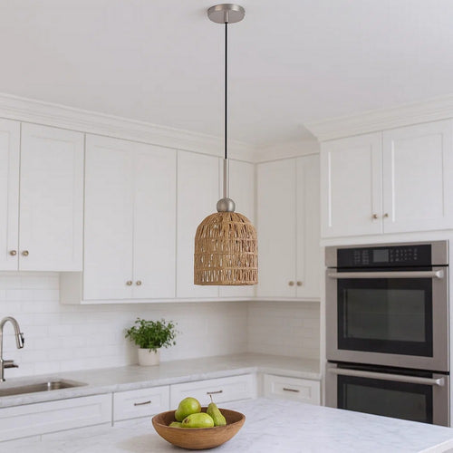 Pendant Light | 8" Dia. | Rope Woven Shade | Brown, Chrome