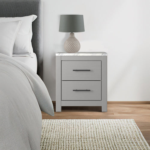 Finley Rustic Wood Nightstand | 25" | 2 Drawers | Marble Top | Gray White