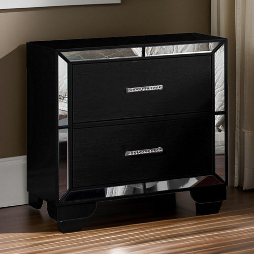 Koi Pine Wood Nightstand | 27" | 2 Drawers | Wire Brush | Mirror Trim | Black
