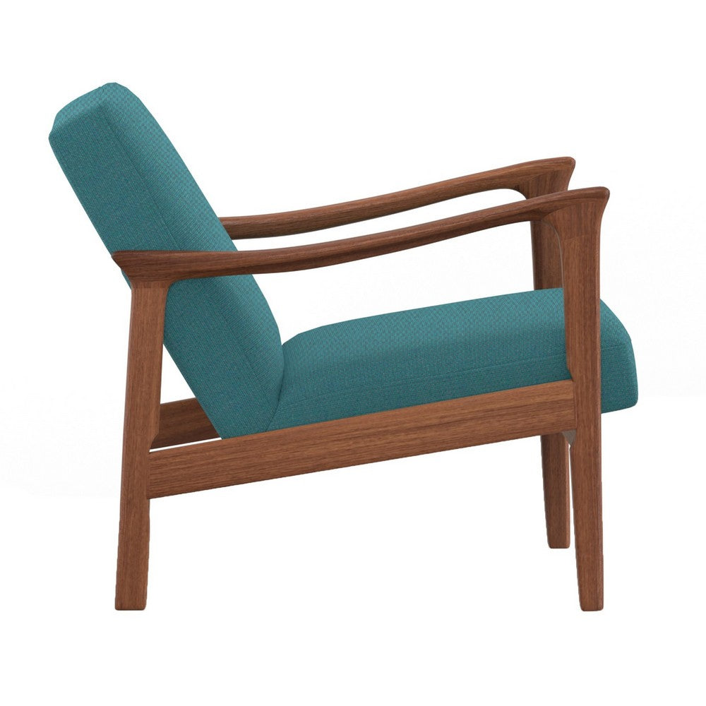34 Inch Fabric Padded Accent Lounge Chair, Rubberwood, Teal Blue, Brown