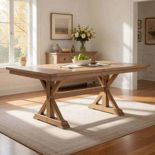 Tess Dining Table | 78" | Extendable Leaf | Trestle Base | Natural Brown