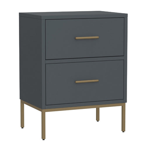 Max 26 Inch 2 Drawer Wood Nightstand, Brass Metal Frame and Handles, Gray