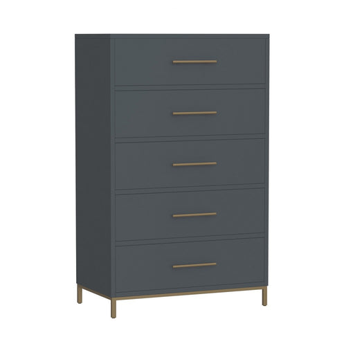 Max 48 Inch 5 Drawer Tall Dresser Chest, Brass Metal Frame, Slate Gray