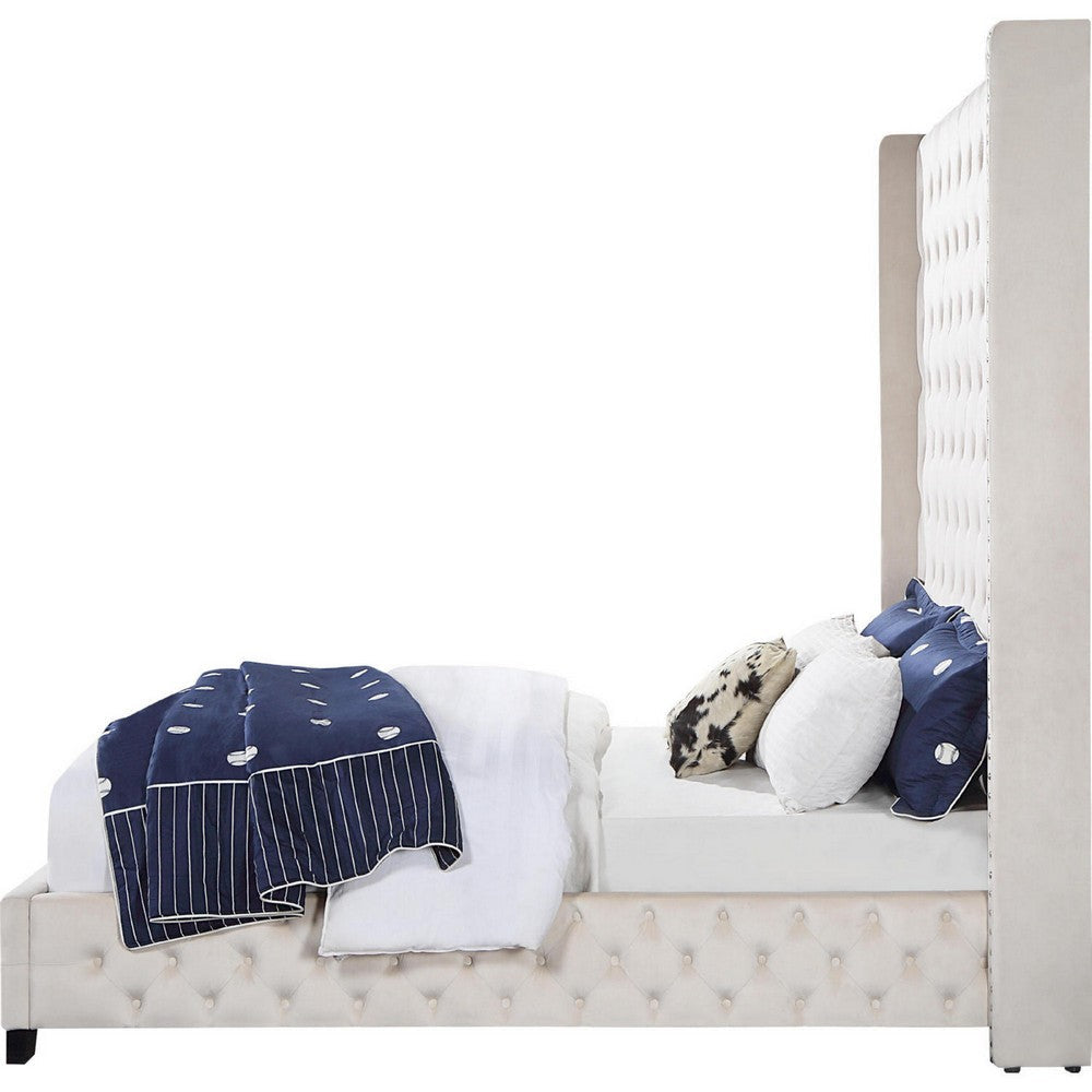 Daisy Wood Modern Queen Size Bed Wingback Button Tufted Beige Velvet BM284014