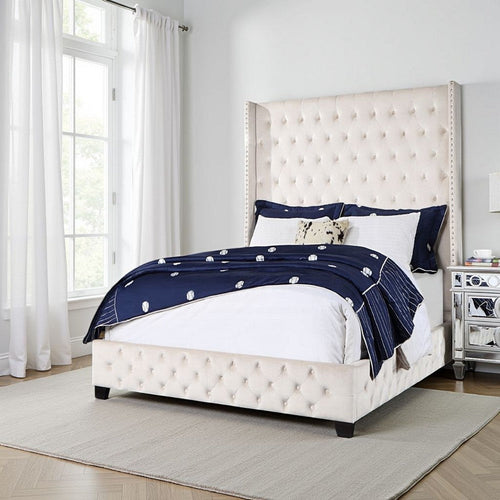 Daisy Wood Modern Queen Size Bed, Wingback, Button Tufted, Beige Velvet