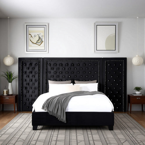 Cleo Queen Bed, Velvet, XL 3 Panel Tall Headboard, Crystal Tufted, Black
