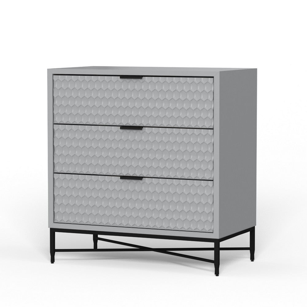 Rexi 34 Inch 3 Drawer Small Dresser Chest, Honeycomb, Light Gray, Black