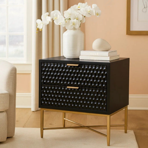 Rexi Nightstand | 26" | 2 Drawers | Honeycomb | Mahogany Wood | Black Gold