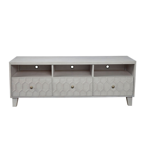 Rue 64 Inch 3 Drawer TV Media Entertainment Center, Honeycomb, Light Gray