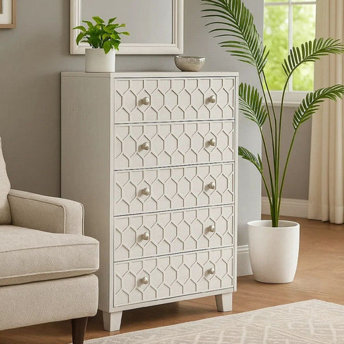 Rue Dresser Chest | 48" | 5 Drawers | Textured Honeycomb Design | Light Gray
