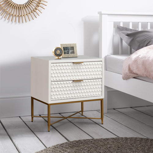 Rexi Nightstand | 26" | 2 Drawers | Honeycomb | Mahogany Wood | White Gold