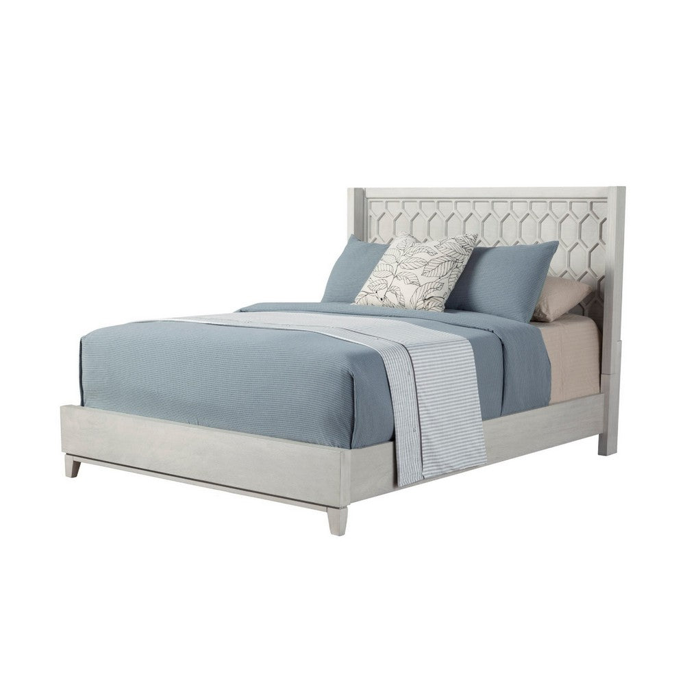 Rue King Sized Bed, Mahogany Wood, Honeycomb Pattern Texture, Light Gray