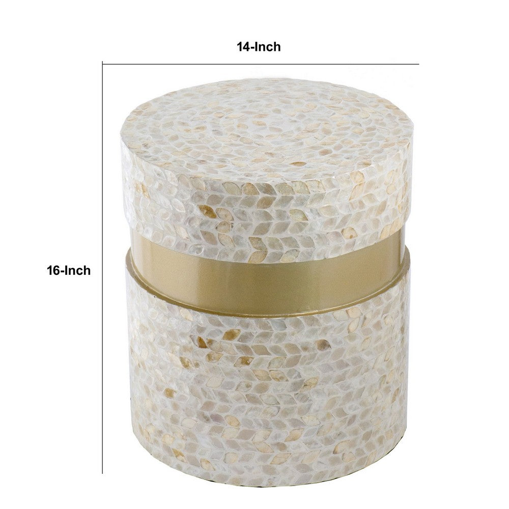 Stool Table | 16’’ | Capiz Leaf Inlay | Wood | Gold Band | Ivory BM284718