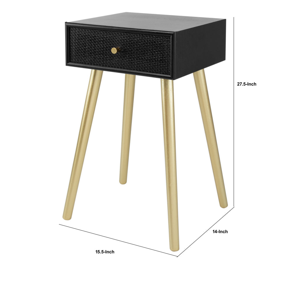Gaia 28 Inch Pine Wood Side End Table Gliding Rattan Drawer Black Gold By Casagear Home BM284753