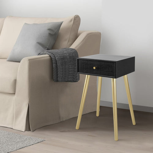 Gaia Side Table | 28" | Pine Wood | Rattan Drawer | Black Gold