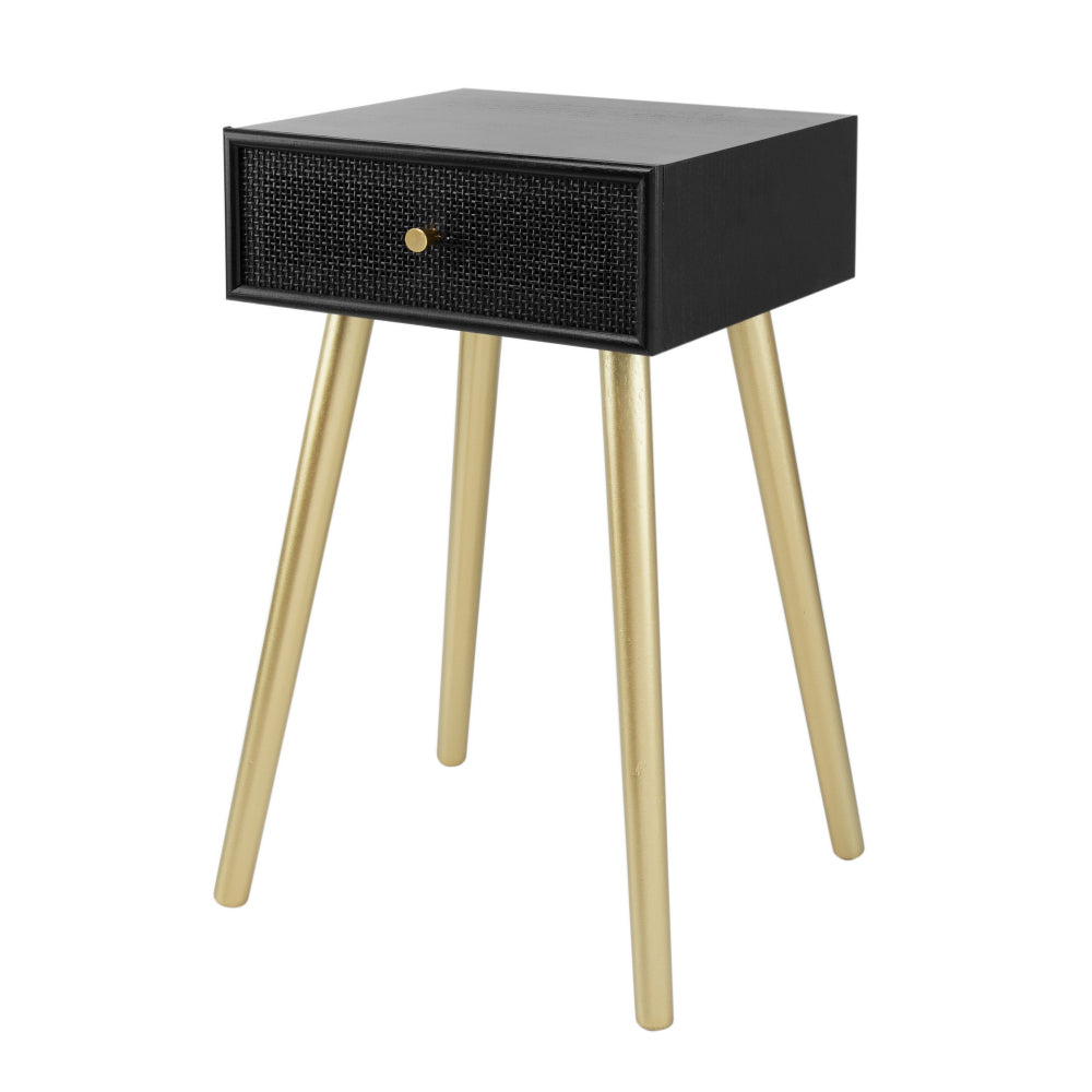 Gaia 28 Inch Pine Wood Side End Table, Gliding Rattan Drawer, Black, Gold By Casagear Home