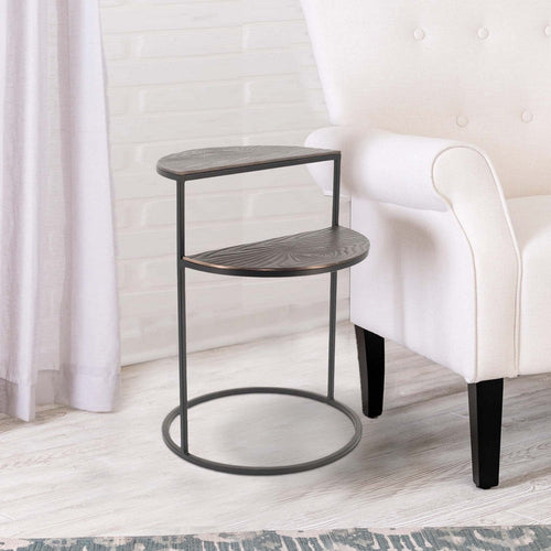 Side Table | 22" | Modern Metal | Round | 2 Shelves | Brown Wood