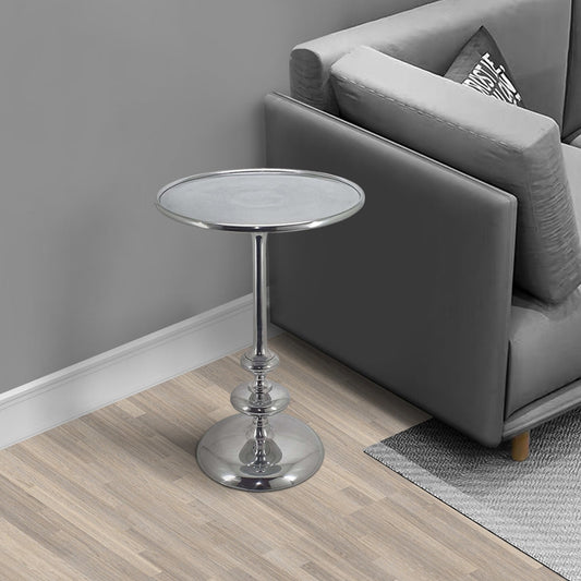 23 Inch Modern Aluminum Side Table, Round Tabletop and Base, Carved, Silver By Casagear Home