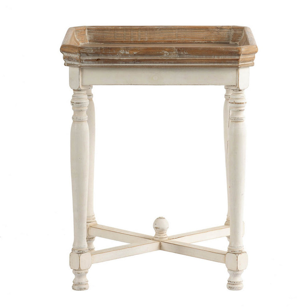 25 Inch Square End Side Table Fir Wood Natural Brown Antique White By Casagear Home BM284773