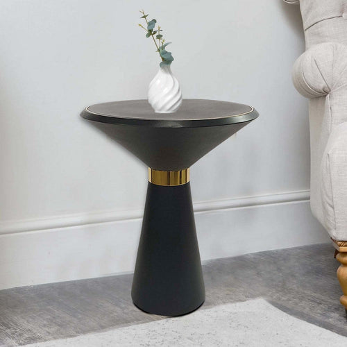 Side Table | 22" | Round Mango Wood | Brass Accents | Black