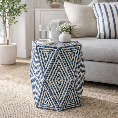 Accent Table Stool | 18" | Hexagonal | Diamond Design | Blue White