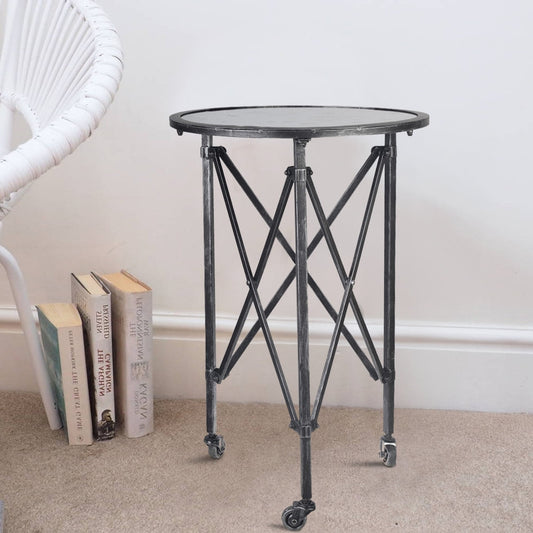27 Inch Side Table, Round Metal Body, Glass Tabletop, 3 Wheels, Silver By Casagear Home
