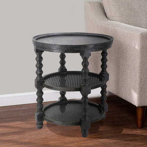 Jake Side Table | 25" | 3 Tier | Fir Wood | Wicker Shelves | Black