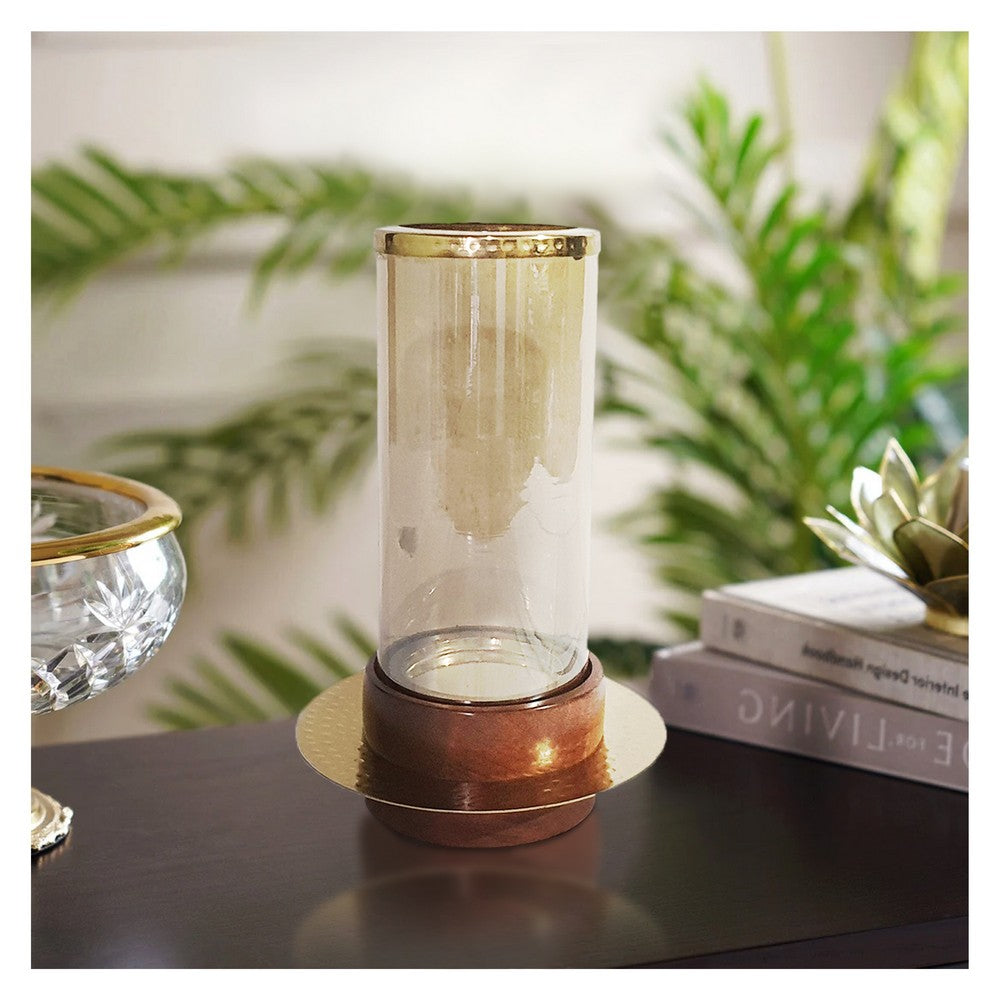 11 Inch Glass Hurricane Candle Holder, Acacia Wood, Small, Gold FInish By Casagear Home