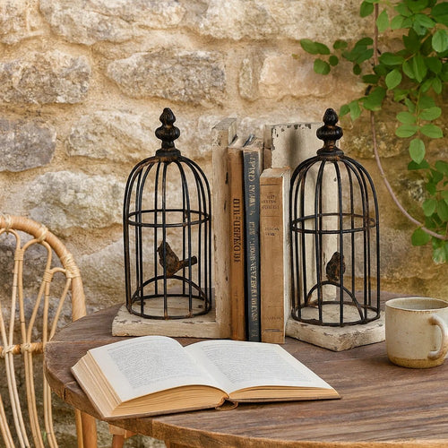 Ari Bookends | Set of 2 | Birdcage Design | Iron Wood | Black Brown
