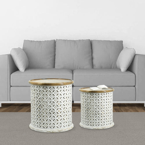 Accent Tables | 18", 16" | Round Wood | Floral Cutout | Brown White