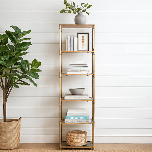 71 Inch Shelf, 6 Tier Design, 5 Mirrored Glass Shelves, Iron Frame, Gold Finish