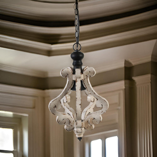 Chandelier | 13" | 1 Light | Fir Wood Scrollwork | Iron | White Black