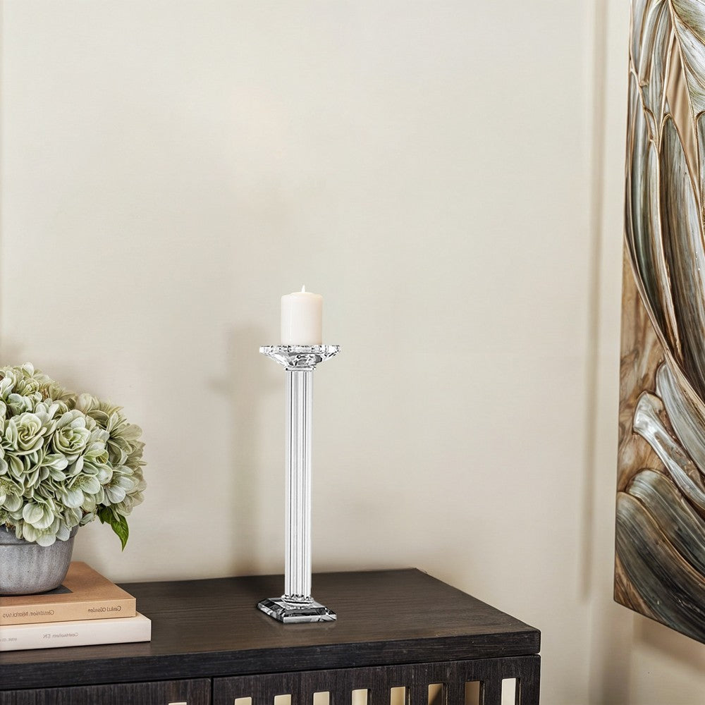 17 Inch Tall Pillar Candle Holder, Glass, Classic Clean Lined Finish, Clear By Casagear Home