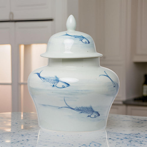 Ginger Jar | 18" | Porcelain | Wispy Fish | Blue White
