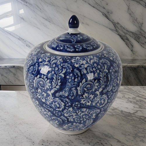 Ginger Jar | 10" | Lidded | Persian Floral | Blue Porcelain