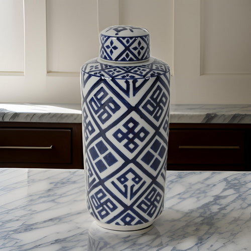 Ginger Jar | 14" | Cylindrical | Blue White | Geometric Pattern