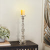 28 Inch Metal Candle Holder, Classical Turned Pedestal, Distressed White By Casagear Home