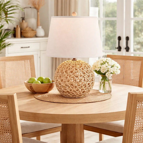 Table Lamp | 25" | Rope Base | Linen Shade | Natural Brown