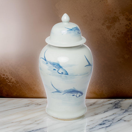 Ginger Jar | 19" | Blue Koi Design | White Porcelain | Lidded
